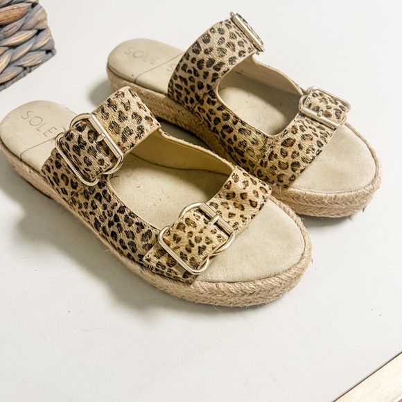 Sole Society Calf Hair Leopard Print Gold Shimmer Espadrille Buckle Platform 9.5 - Picture 6 of 9